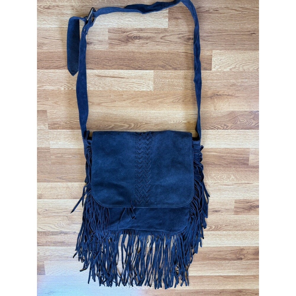 RAJ Anthropologie Genuine Leather Suede Fringe Crossbody Bag Navy Blue Boho